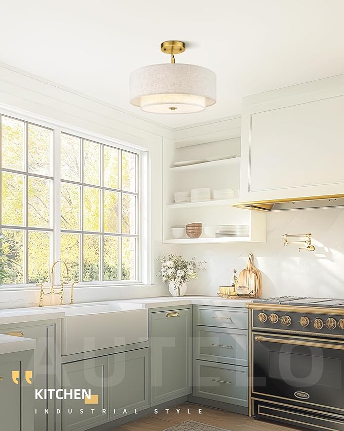 AUTELO Gold Semi Flush Mount Ceiling Light, 3-Light 16" Ceiling Light in Brushed Gold Finish with Drum Fabric Shade for Hallway Bedroom Kitchen, C2506 BG-16