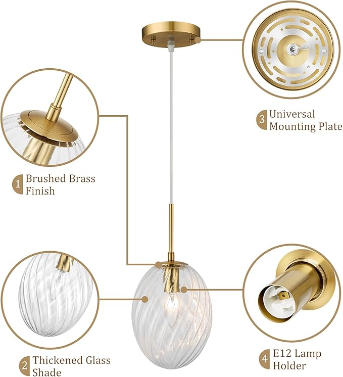 Glass Pendant Lights Kitchen Island Gold Pendant Light Fixtures with Hand-Blown Clear Glass Hanging Light Brass Gold Pendant Lighting for Kitchen Sink Bedroom Dining Room, E12