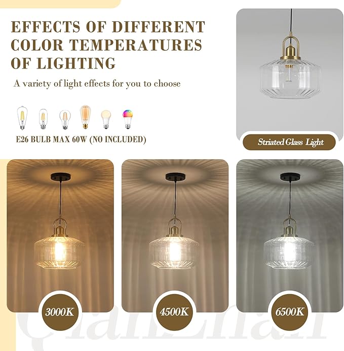 11.8in Mid Century Modern Clear Glass Pendant Light Fixture, Large Gold Kitchen Island Pendants Light Glass Ceiling Hanging Lamp for Foyer Dining Room Bedroom Entryway Hallway Over Sink