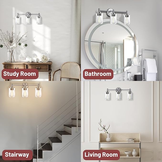 3-Light Bathroom Lighting Fixtures Over Mirror, Brushed Nickel Vanity Lights with Clear Glass Shade. Modern Bathroom Vanity Light for Mirror Kitchen, Living Room, Gallery, Hallway