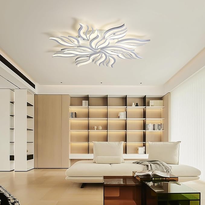 Becailyer Modern Ceiling Light, 40.5" LED Flush Mount Flower Ceiling Lamp, 12-Petals 100W Dimmable Remote Control Close to Ceiling Light Fixtures for Living Room Bedroom Dining Room Kitchen, White