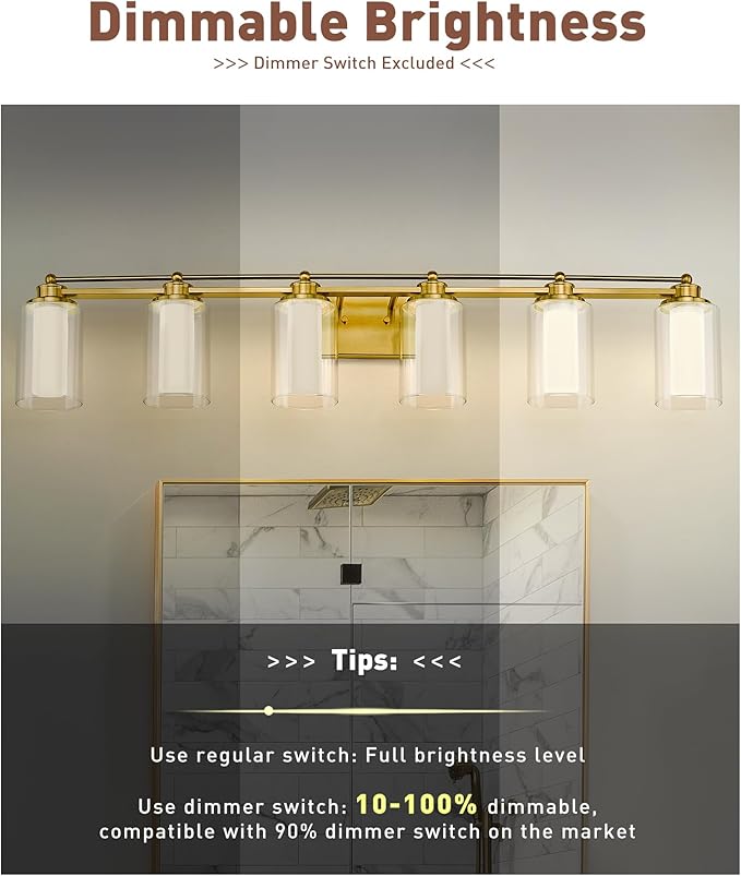 Bathroom Vanity Light Fixtures 6 Light, HWH Brushed Gold Vanity Light Over Mirror, Brass Wall Vanity Lights, 36W 5CCT LED Dimmable Bathroom Light, 5HLT63B-6W-LED BG