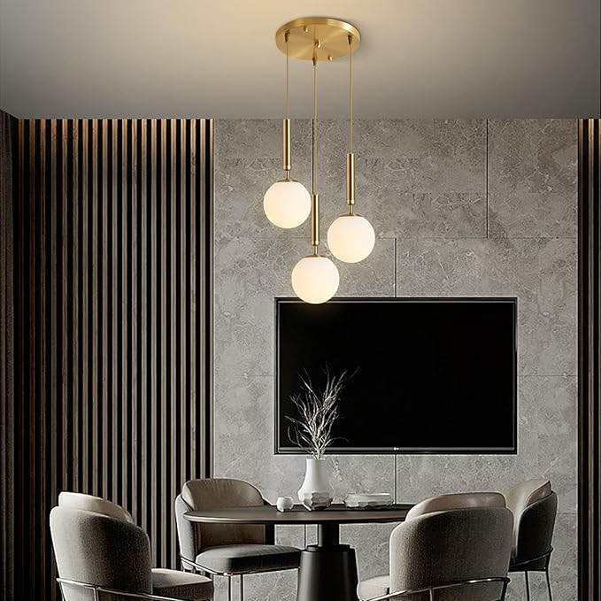KCO Lighting 3-Lighs Cluster Pendant Lighting Mid Century Gold Globe Pendant Light Large Milk White Glass Chandelier Modern Kitchen Pendant Lighting for Living Room Dining Room