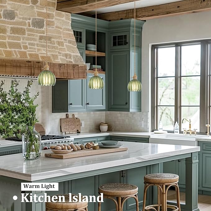 Shenmoyl Pendant Light 2 Pack with Green Tulip Glass Lmapshade, Brass Vintage Pendant Light Adjustable Hanging Light for Kitchen Island Dining Room Hallway