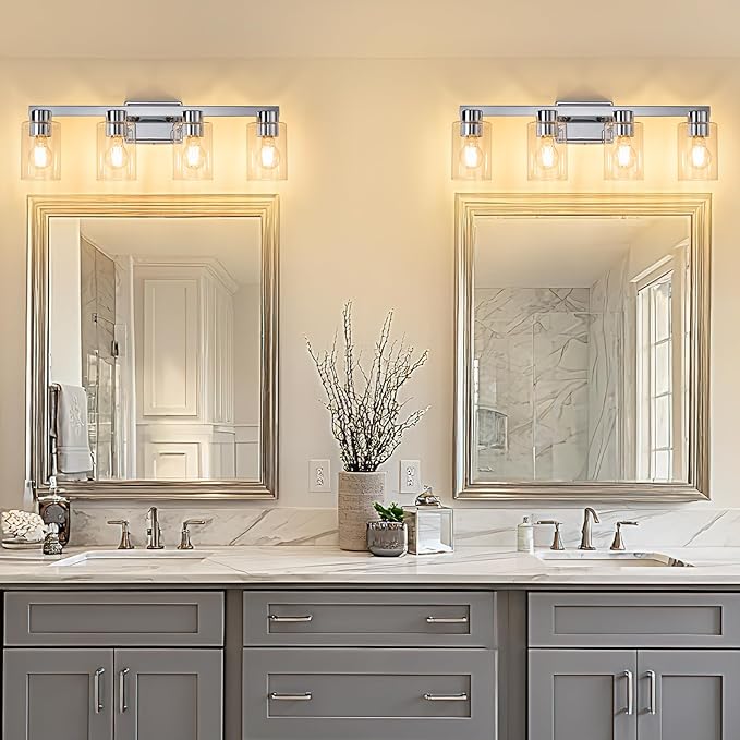 4-Light Bathroom Light Fixtures Modern Chrome Vanity Lights with Clear Glass Shade 26 Inch Wall Sconces Over Mirror for Bathroom,Powder Room, Living Room