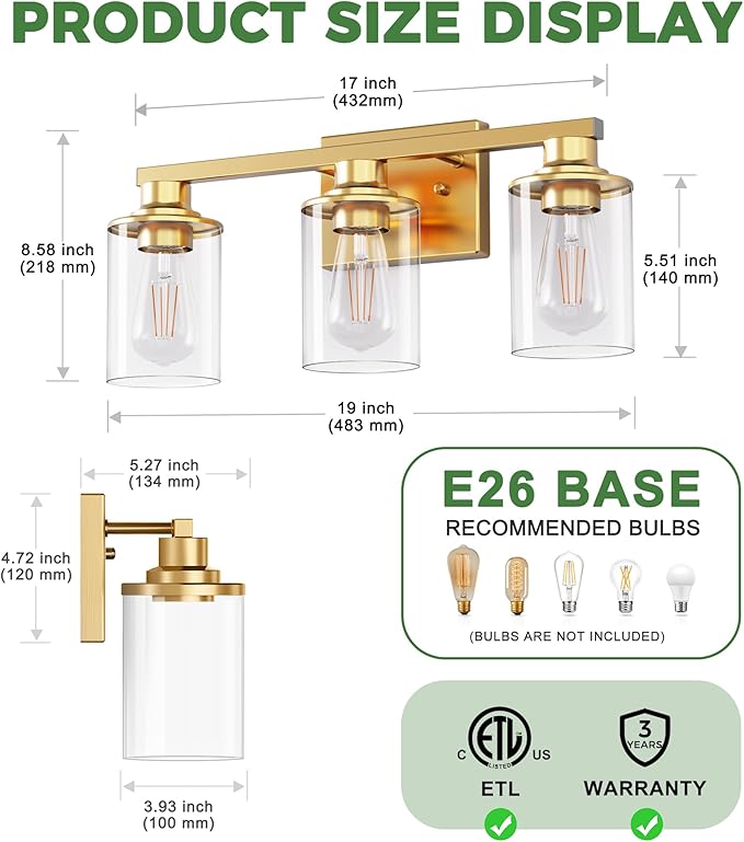 DORESshop 20 Inch Bathroom Light Fixtures, 3-Light Gold Bathroom Lighting Fixtures Over Mirror with Clear Glass Shade, Vanity Lights for Living Room Bedroom, ETL Listed