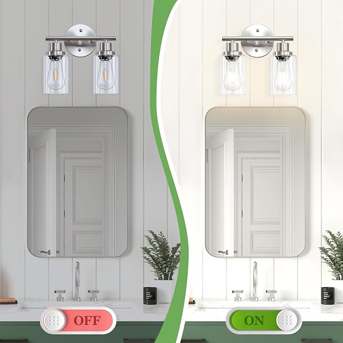2-Light E26 Bathroom Light Fixtures, Modern Brushed Nickel Vanity Lights for Bathroom with Clear Glass Shade, Mirror Kitchen Hallway Cabinet Living Room Sconces Wall Lights