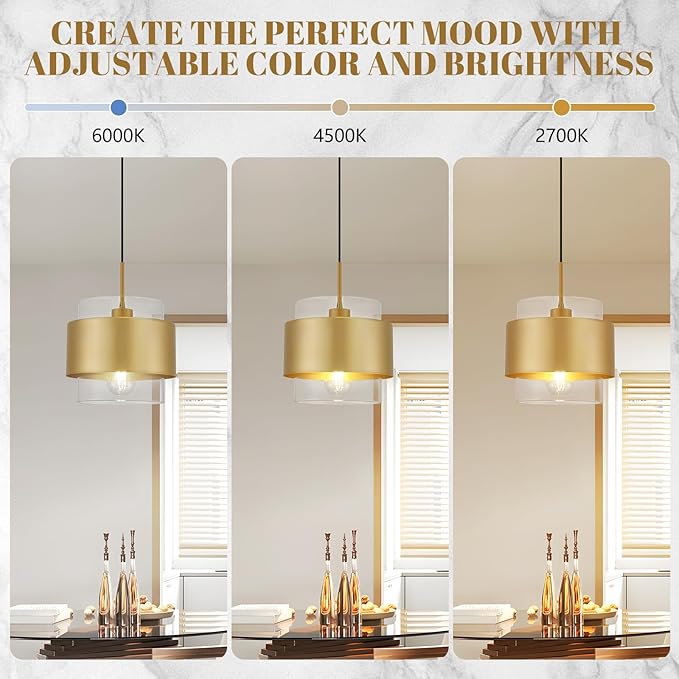 9.8" Gold Pendant Lights Kitchen Island, Farmhouse Pendant Lighting with Clear Glass Shade, Industrial Hanging Pendant Lights Fixture for Kitchen Island Dining Room Hallway