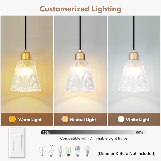 Pendant Light Kitchen Island, Modern Pendant Light Fixture with 5.8mm Thick Glass Shade, Adjustable Gold Hanging Light Fixture for Kitchen Sink, Dining Room, Entryway, 1 Pack
