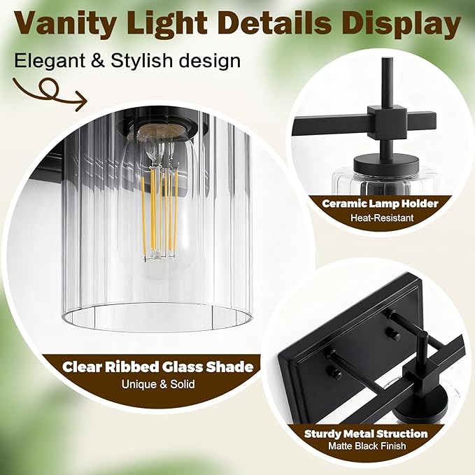 Asnxcju 3-Light Matte Black Vanity Light for Bathroom, Modern Bathroom Lighting Fixtures Over Mirror, Vanity Lights with Clear Glass Shade, Industrial Bath Wall Lamp for Living Room Bedroom Hallway