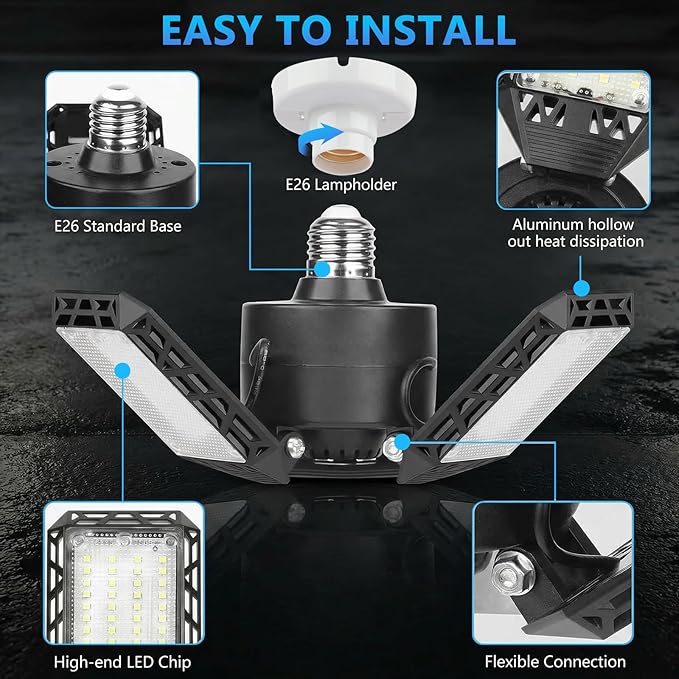 4 Pack Led Garage Lights, 60W Deformable Garage Ceiling Light 8000 lm E26 Basement Lights with 3 Adjustable Led Panels, Fits for Warehouse, Workshop, Barn, and Yard