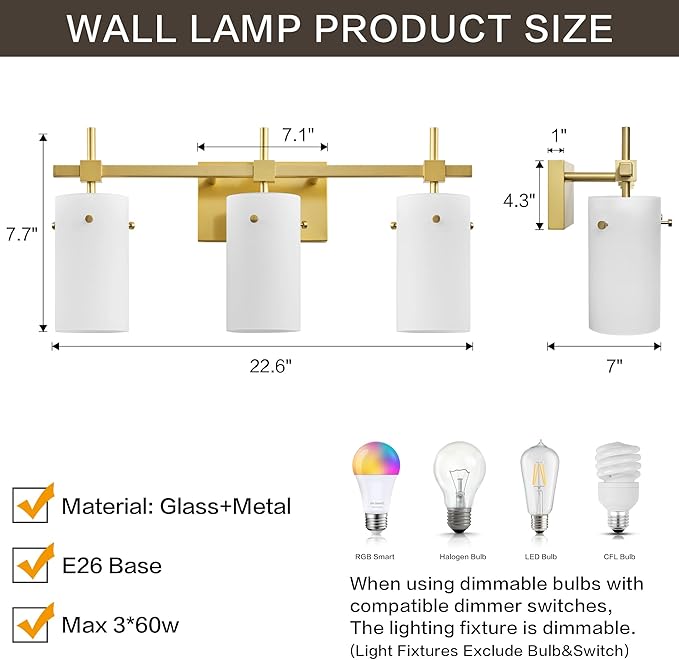 SOLFART 3-Light Bathroom Vanity Light, Modern Brushed Gold Wall Lights with Milky White Clear Glass Shades, Bathroom Wall Sconce Lamp for Mirror Living Room Bedroom Hallway (Bulbs Not Included)