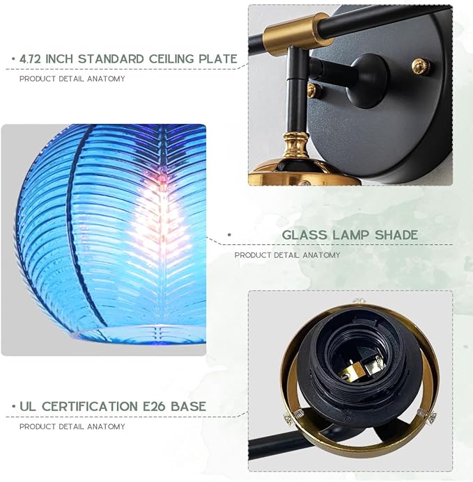 Vanity Lights for Bathroom,Mid Century Vanity Light Black Sconce Blue Bathroom Light Fixture Over Mirror Ribbed Glass Globe Shade Art Deco Vanity Lights Modern Wall Sconce 3-Lights