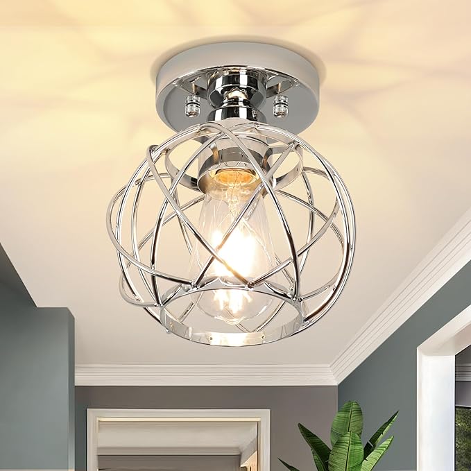 Hallway Ceiling Light Fixtures,Flush Mount Ceiling Lights Metal Cage Indoor Industrial Ceiling Lights E26 Semi Flush Mount Ceiling Light for Porch Entryway Foyer Bathroom(Chrome)