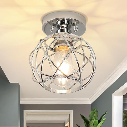 Hallway Ceiling Light Fixtures,Flush Mount Ceiling Lights Metal Cage Indoor Industrial Ceiling Lights E26 Semi Flush Mount Ceiling Light for Porch Entryway Foyer Bathroom(Chrome)