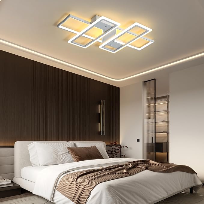 GEADI Modern Dimmable Ceiling Light Fixture,35.4" White LED Flush Mount Ceiling Lights with Remote Control,4 Ring Square Light Fixture for Bedroom Dining Room Living Room Kicthen (80W)