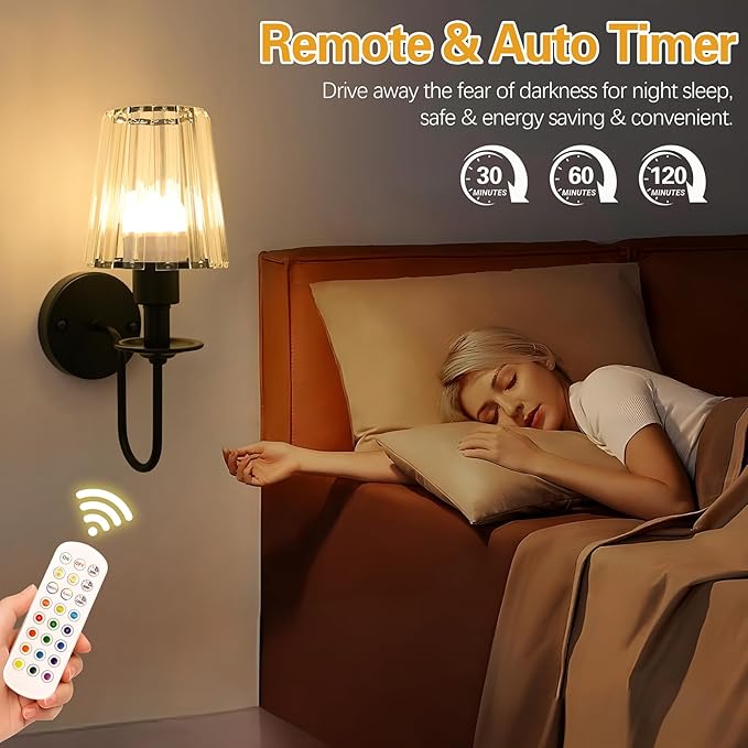 Battery Operated Wall Sconces Set of 2 – 5200mAh Rechargeable Crystal Glass, 15 Colors & 10-Level Dimmable, Wireless Wall Lights for Living Room & Bedroom,Black
