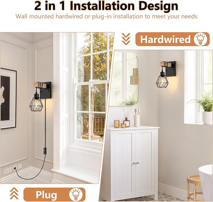 Lomoky Plug in Wall Sconces Set of Two, Vintage Wood Wall Lamps with Plug in Cord, Farmhouse Wall Light Fixture with 5.25FT On/Off Switch Cord, Indoor Sconces Lighting for Bedroom Living Room