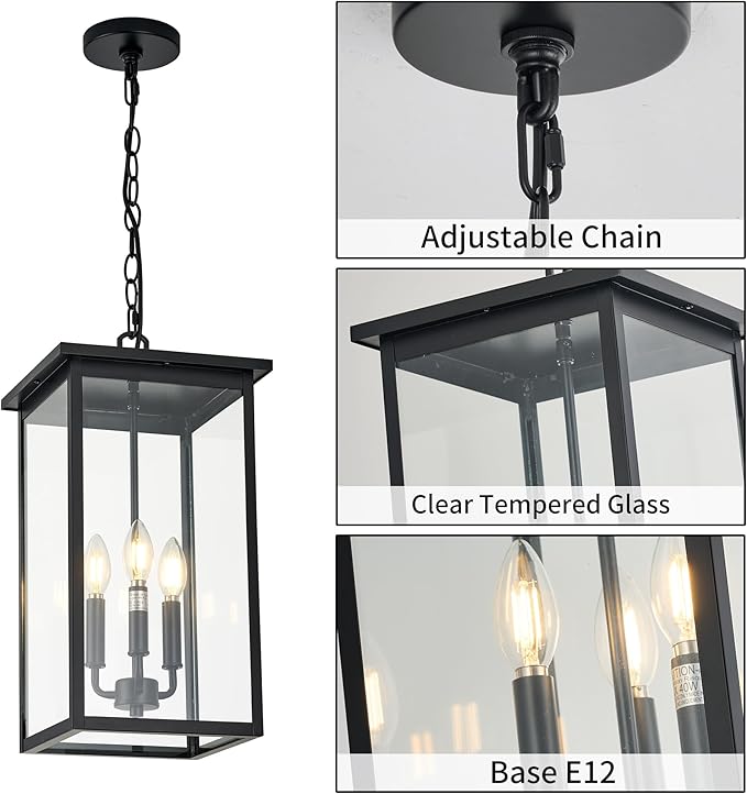 Large Outdoor Chandeliers, Black 3-Lights Outdoor Ceiling Hanging Lanterns with Clear Glass, Exterior Gazebo Light for Patio,Porch,Yard,Gara