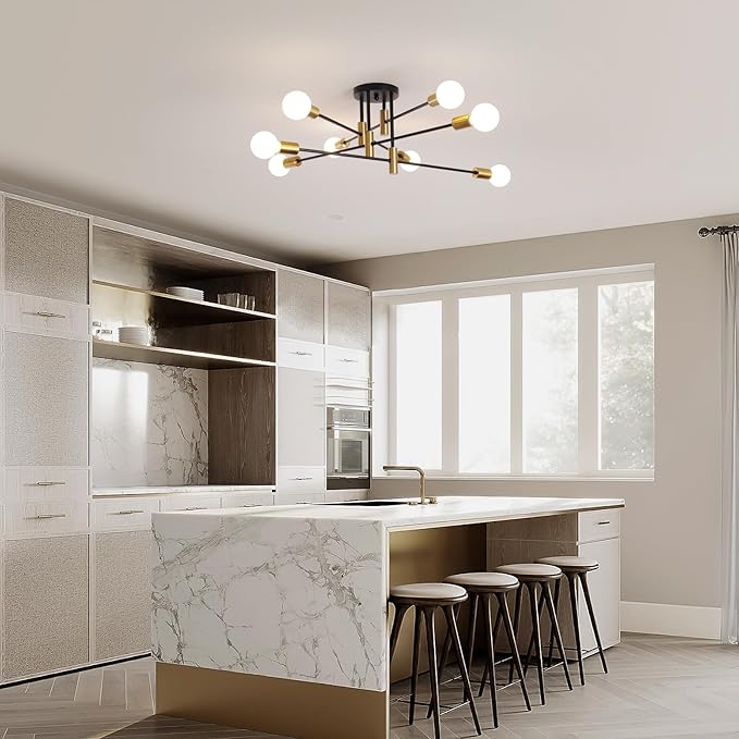 Garwarm 8-Light Black and Gold Sputnik Ceiling Light,Mid Century Semi Flush Mount Sputnik Chandelier Industrial Ceiling Lamp for Kitchen Dining Room Bedroom Foyer Entryway Hallway