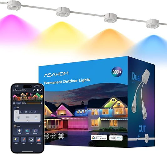 ASAHOM AI Permanent Outdoor Lights S107D, 200FT with 144 RGBCW LED Lights, 30,000 Lighting Effect, Controller with Dual Output, Extend to 800FT, Cuttable for House Outdoor Decor Daily Lighting, White