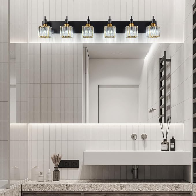 6-Lights Crystal Bathroom Vanity Light Black Gold Modern Bathroom Lighting Fixtures Over Mirror, Wall Light Fixtures