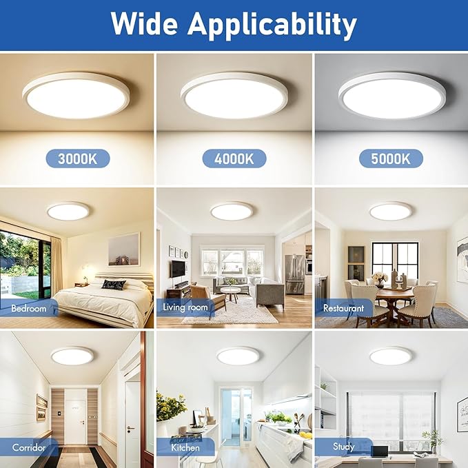 6 Pack 12 Inch Slim Dimmable LED Flush Mount Ceiling Light Fixtures, 24W 2640LM 3000K/4000K/5000K, House Upgrade Led Lights for Bedroom Hallway Laundry Room Rental Units, 240W Equiv., Black