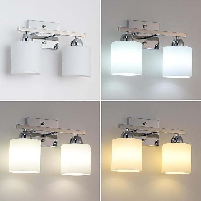 Mecgirn Stainless Steel Milk Glass Vanity Lights for Bathroom, 2 Light Chrome Bathroom Light Fixtures Over Mirror, Ceramic E26 Sockets Wall Mounted