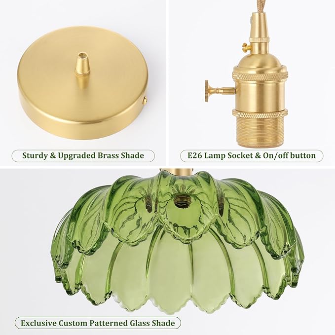 Shenmoyl Pendant Light with Green Scindapsus Glass Lmapshade, Brass Vintage Pendant Light Adjustable Hanging Light for Kitchen Island Dining Room Hallway