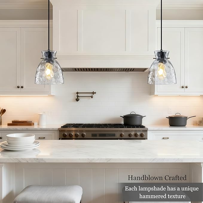 Hammered Glass Black Pendant Lights Kitchen Island 2 Pack, 5.9” Small Farmhouse Pendant Light Fixtures, Adjustable Modern Hanging Lighting Kitchen Pendant Lights over Island Sink Bathroom Dining Room