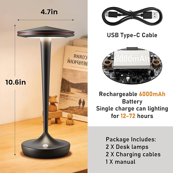 YHT 72Hrs Cordless Table Lamps Rechargeable, 6000mAh Battery Portable LED Touch Table Lamp, 3-Color Stepless Dimming, for Outdoor, Dinning, Patio, Restaurant, Kitchen (2 Black)