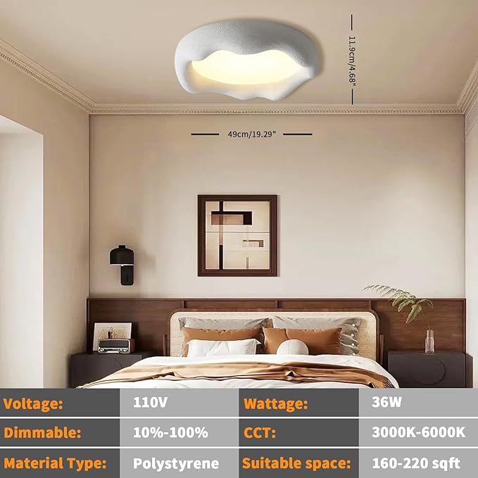 JAYMP Modern Ceiling Light, LED Dimmable Remote Control Ceiling Lamp for Dining Room Living Room Japanese Wabi-Sabi Style Lighting Fixture (Matte White, 49cm/19.3inch)