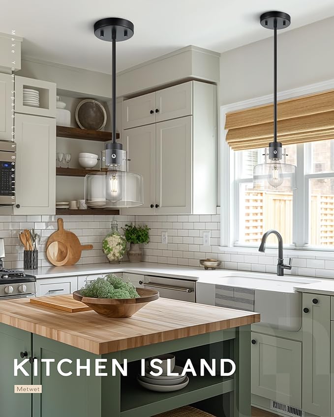 2 Pack Pendant Lights Kitchen Island, 6" Matte Black Pendant Light Fixtures Over Island with Clear Glass Shade, Modern Kitchen Island Lighting for Dining Room Entryway, PL124-MB-G-2PK