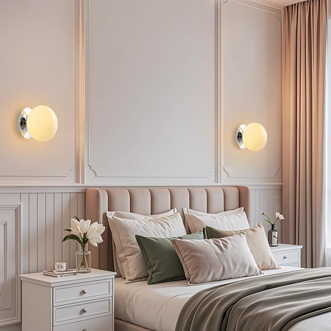 Modern Globe Glass Wall Sconces- Minimalist Home Shop Decor Wall Light 7" Glass Shade Hardwired- 1 Light Mid Century Wall Lamps Indoor Bedroom Bathroom Hallway Vanity Sconce Light (Chrome-Beige)