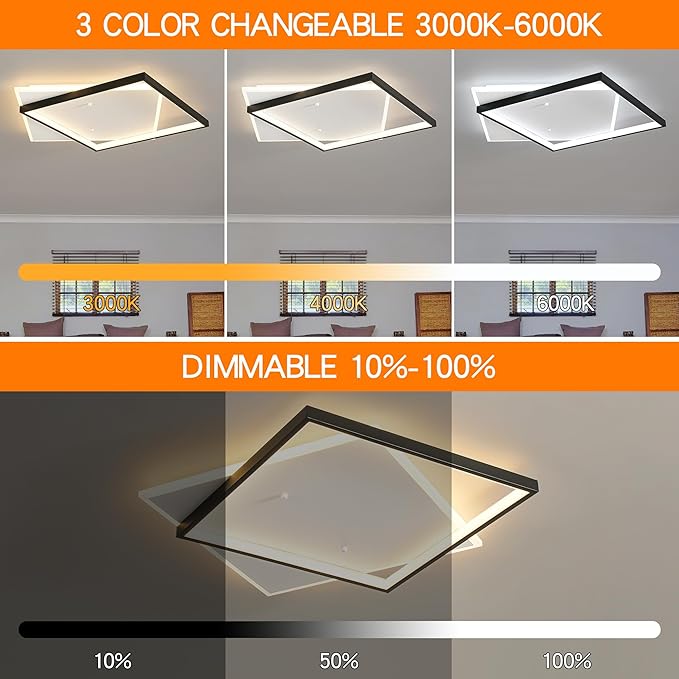 Black Modern LED Bedroom Ceiling Light Dimmable Flush Mount Ceiling Light Fixture 22" Square Ceiling Lamp with Remote Control Kitchen Lighting Fixture Ceiling,Suitable for Bedroom,Hallways