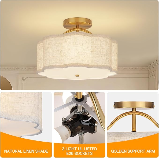 Semi Flush Mount Ceiling Light, 11.8" Modern 3-Light Fixture with Petal-Shaped Cream Beige Linen Shade and Golden Support Arm, Ideal for Bedroom, Kitchen, Living Room, Hallway, and Entryway