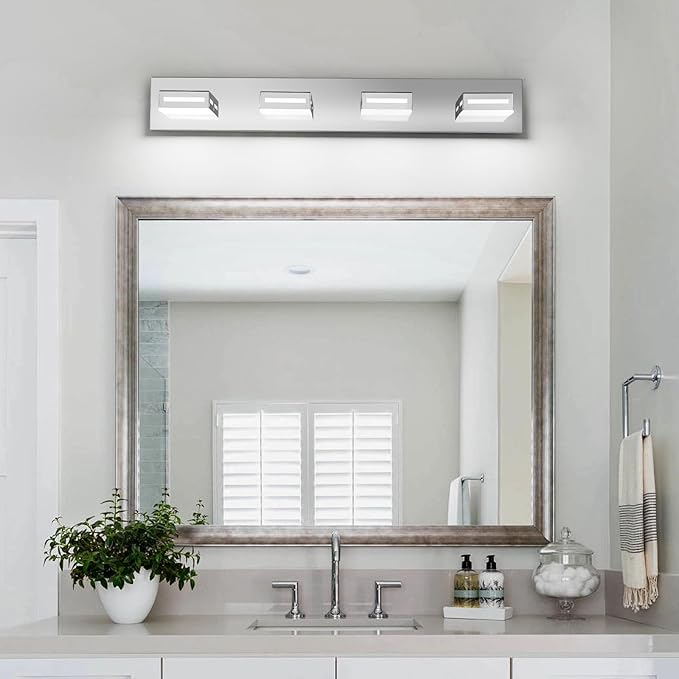 LED Modern Bathroom Light Fixtures, 4-Light 30-Inch Chrome Vanity Lights for Bathroom Lighting Fixtures Over Mirror, 6000K Cool White 350° Rotatable Wall Lamp