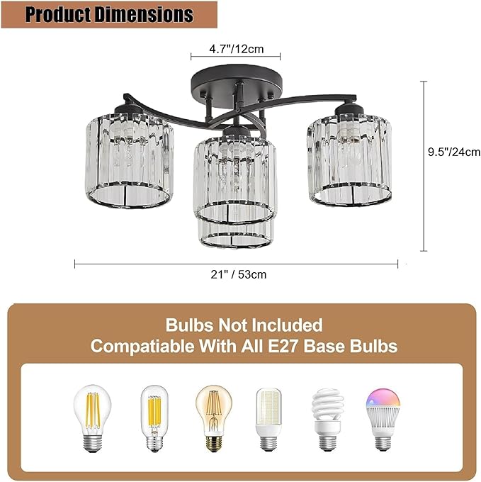 Crystal Chandelier, Modern Elegant Ceiling Light E26 Base Easy Installation Durable Metal Frame for Living Room Bedroom Dining Room,Black