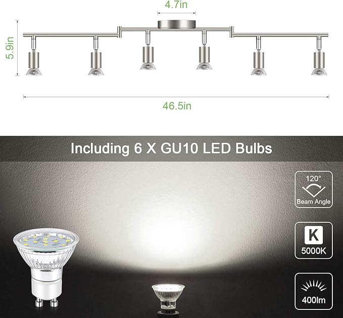 Unicozin LED 6 Light Track Lighting Kit, 46.5'' Matt Nickel 6 Way Ceiling Spot Lighting, Flexibly Rotatable Head, Modern Track Light Included 6 x LED GU10 Bulb (4W, Daylight White 5000K, 400LM)