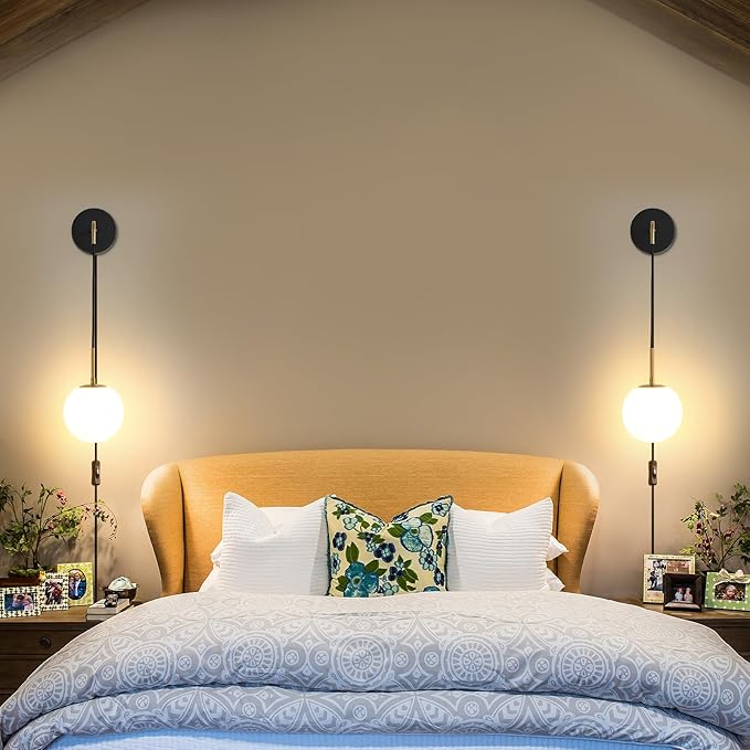 KUZZULL Plug in Wall Sconces Set of 2 Black and Brass Gold Wall Sconces Set of Two Plug in Hanging Wall Lamp with Plug in Cord with Globe White Glass Shade Vintage Wall Lights with Switch for Bedside