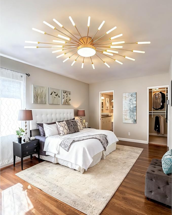 42 Inch Led Flower Ceiling Light Fixture 28+1 Light Modern Gold Sputnik Flush Mount Ceiling Lamps for Dining Room Metal Firework Chandelier for Kitchen Bedroom Hallway Living Room Ceiling Light