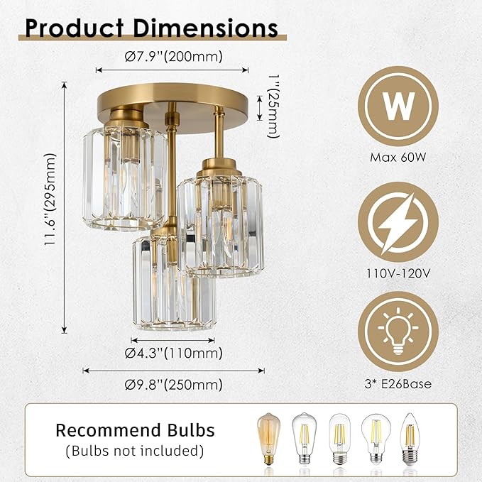 Gold Close to Ceiling Light Fixtures, 3-Light Crystal Ceiling Light with Clear K9 Crystal Shades, Modern Semi Flush Mount Ceiling Light for Hallway Kitchen Bathroom Entryway