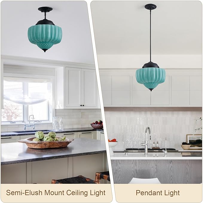 13.8" Milk Glass Ceiling Light Fixture 3 Lights Vintage Chandelier Schoolhouse Pendant Light with Mint Green Glass Shade, Mid Century Lighting Fixture for Kitchen Island Dining Room