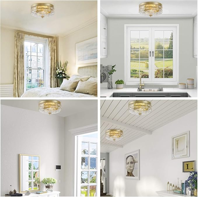 KSANA Gold Modern Flush Mount Ceiling Light Fixture with Water Ripple Glass for Bedroom, Hallway, Kitchen, Dining & Living Room, Foyer and Bathroom