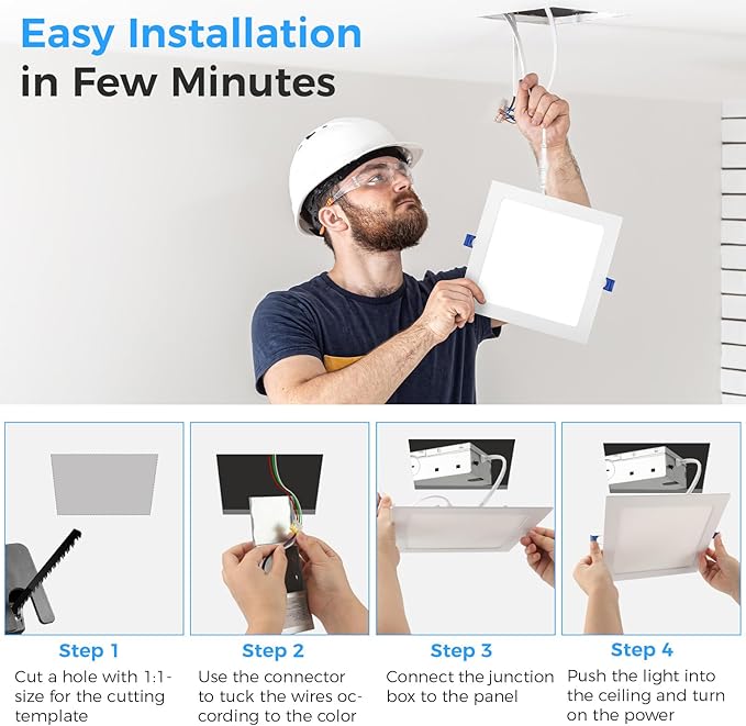 HONZIN 1 Pack 8 Inch Square LED Recessed Lighting, Ultra-Thin Canless Ceiling Light, 5CCT Selectable 2700K/3000K/3500K/4000K/5000K, 20W Dimmable, IC Rated with Junction Box, White Trim