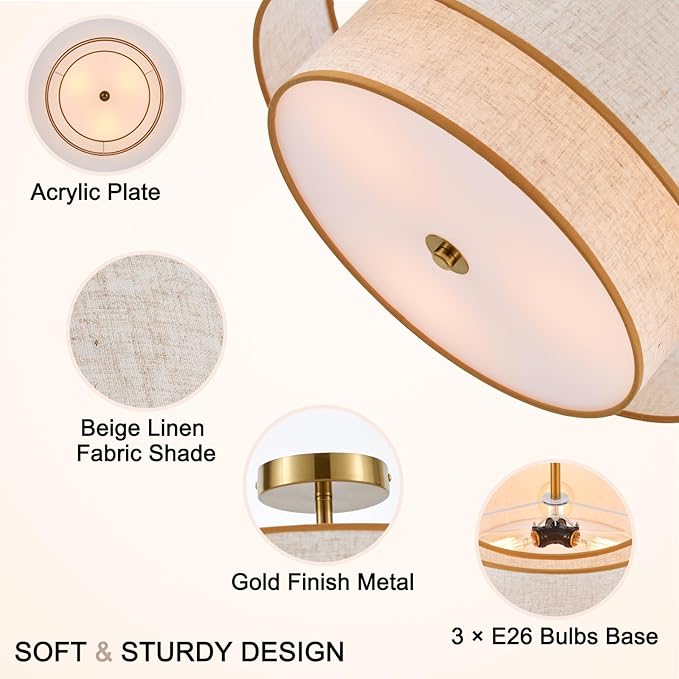 3-Light Drum Semi Flush Mount Ceiling Light, 18" Modern Gold Ceiling Lighting Fixture, Vintage 2-Tier Linen Ceiling Lighting for Living Room, Bedroom, Kitchen, Dining Room, Hallway, Entryway