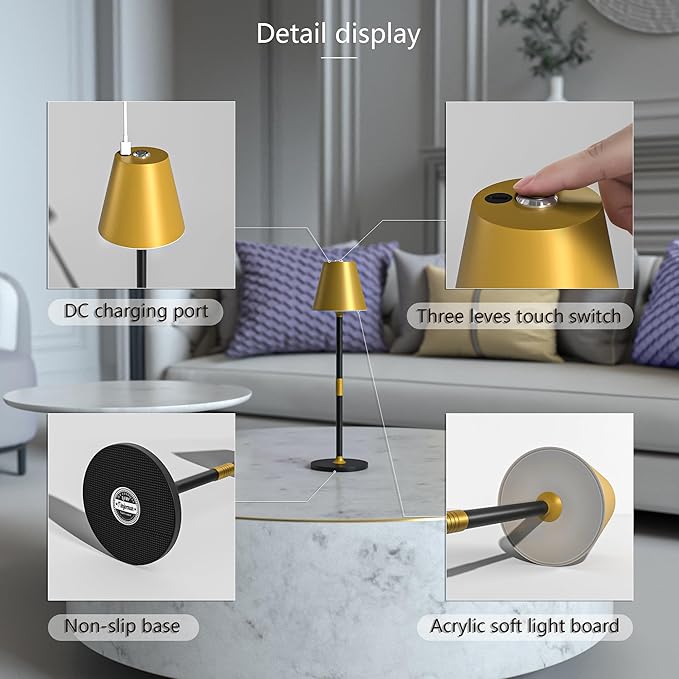 Timjorman 1-Pack Cordless Table Lamps - 5000mAh Rechargeable Battery Operated Desk Lamp, 3-Level Dimmable LED Night Light for Bedroom, Dining, Restaurant - Metal Design(Gold&Black-1Pack)
