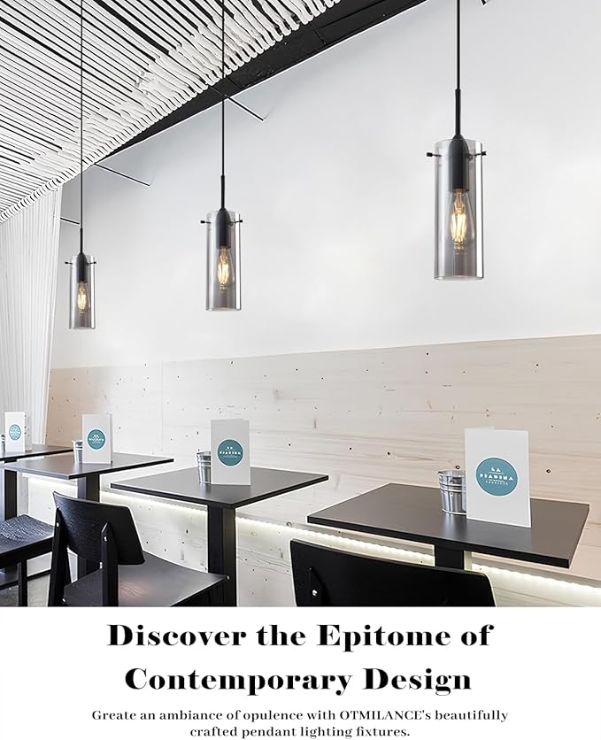 Smoke Gray Glass Pendant Light, Kitchen Pendant Lights 1 Pack, Kitchen Pendant Lighting Over Island, Modern Clear Hanging Pendant Light for Kitchen Island, Bedroom, Living Room, Bathroom