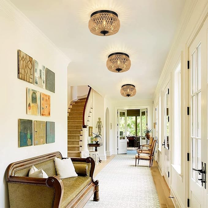 3-Lights Woven Rattan Flush Mount Ceiling Light Fixture with Hand-Worked Cage Shade for Bedroom, Kitchen, Foyer, Porch