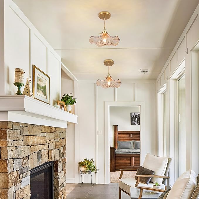 Glass Pendant Light Vintage Light Fixtures,Amber Modern Chandelier Pendant,E26 8.8" Adjustable Hanging Light,Flower Pendant Lights Kitchen Island for Farmhouse Entryway Dining Room 1 Light